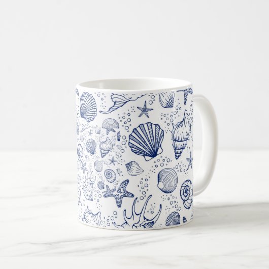 Blauw en Wit Seashell Zeestervis Nautische Mok (Voorkant rechts)