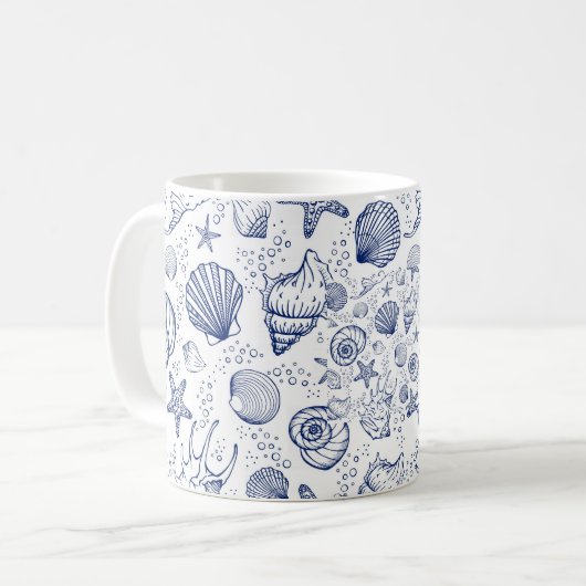 Blauw en Wit Seashell Zeestervis Nautische Mok (Voorkant links)
