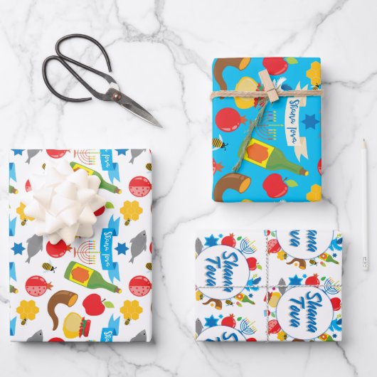 Blauw en wit Shana Tova Inpakpapier Vel (Voorkant)