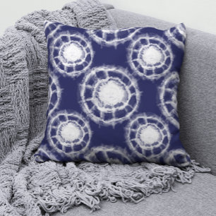 Blauw en wit Shibori-cirkelpatroon Kussen