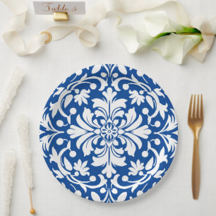 Blauw en wit sierlijk damast bord