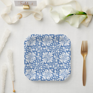 Blauw en wit sierlijk damastbord papieren bordje