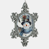 Blauw en wit Sneeuwmangezicht Tin Sneeuwvlok Ornament (Links)