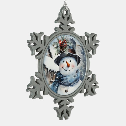 Blauw en wit Sneeuwmangezicht Tin Sneeuwvlok Ornament (Links)