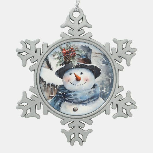 Blauw en wit Sneeuwmangezicht Tin Sneeuwvlok Ornament (Voorkant)