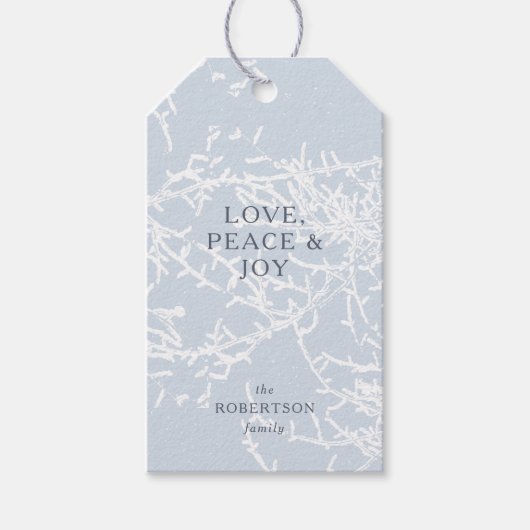 Blauw en wit Sneeuwtakken Vakantie Cadeaulabel (Voorkant)