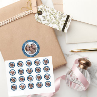 Blauw en Wit Sneeuwvlokken Kerstmis Foto Ronde Sticker