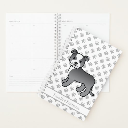 Blauw en wit Staffie Cute Cartoon Dog & Text Planner (Display)