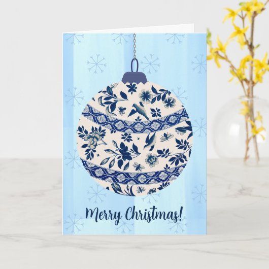 Blauw en Wit Stijl Flow Blue Christmas Kaart (Gele Bloem)