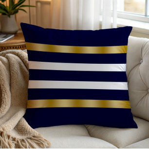 Blauw en wit strepenpatroon gouden accenten kussen