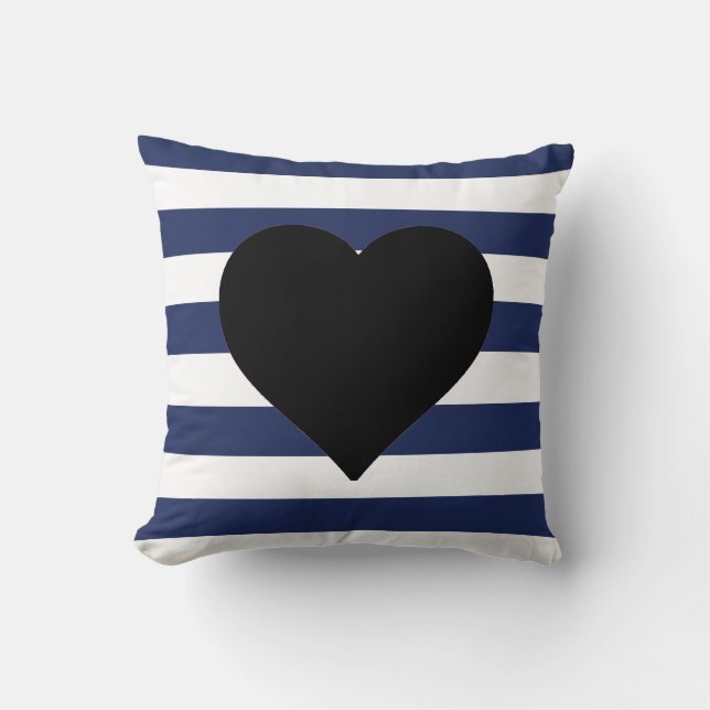 Blauw en wit Striped Black Heart Sierkussen (Voorkant)