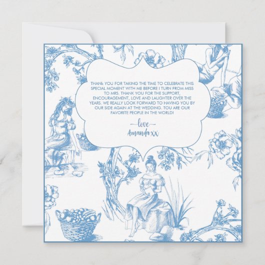 Blauw en wit Toile de Jouy Bruiloftsfeest Bedankkaart (Achterkant)