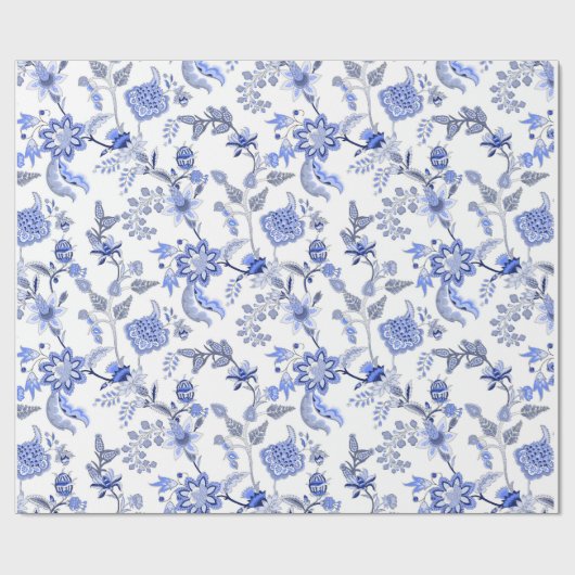 Blauw en wit traditioneel Chintz-patroon Cadeaupapier (Vlak)