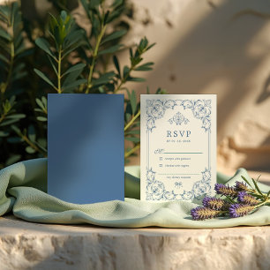 Blauw en wit traditioneel sierrandframe RSVP kaartje