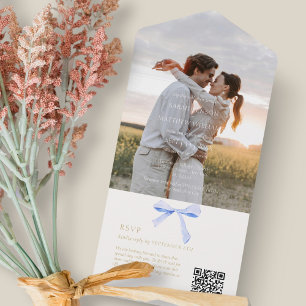 Blauw en Wit   Trendy Lint Bruiloft OR All In One Uitnodiging