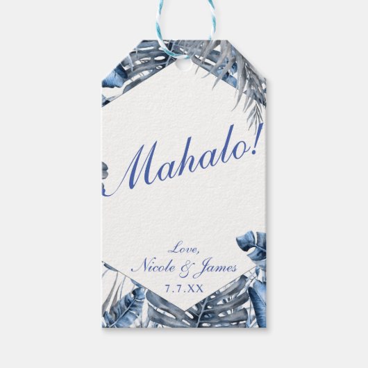  blauw en wit tropisch handpalm cadeaulabel (Voorkant)
