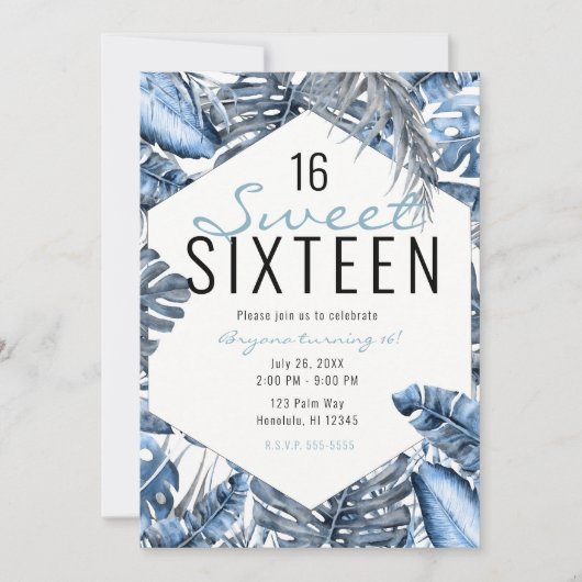 blauw en wit tropisch palmblaasjes, gezoet 16 kaart (Voorkant)