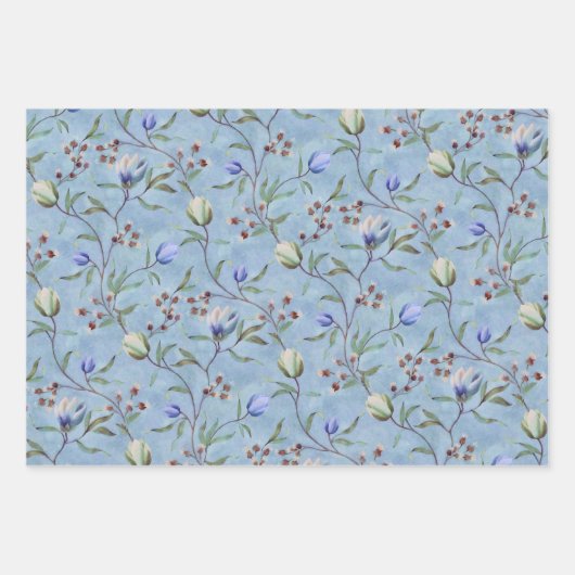 Blauw en wit Tulps Anemones Pattern Inpakpapier Vel (Voorkant)