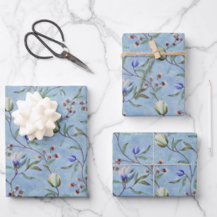 Blauw en wit Tulps Anemones Pattern Inpakpapier Vel