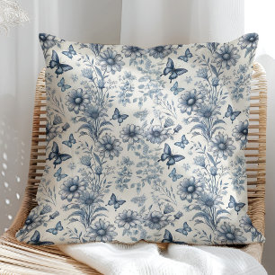 Blauw en wit vintage bloem- en vlindermotief kussen