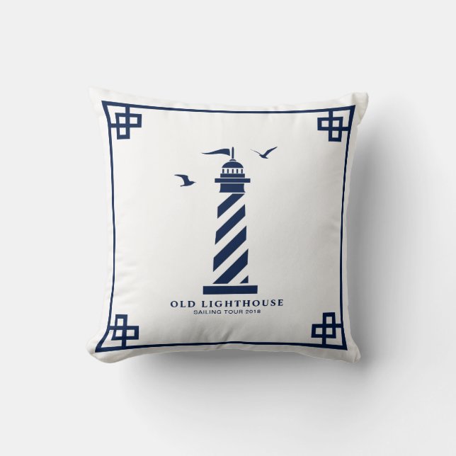 Blauw en wit, vuurtoren, zeegarenden, autisch kussen (Voorkant)