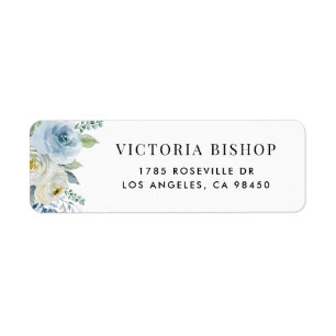 Blauw en wit waterverf bloemen en groen etiket