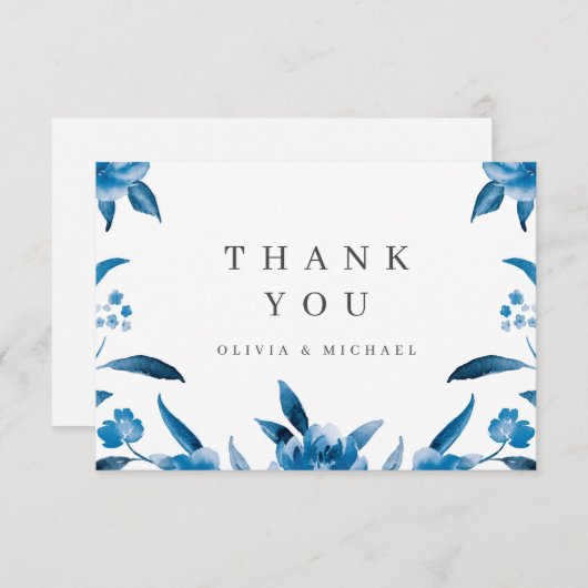 Blauw en wit waterverf bloemenbruiloft dank u bedankkaart (Voorkant / Achterkant)