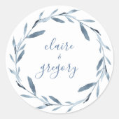 Blauw en wit Waterverf bruiloft Ronde Sticker (Voorkant)