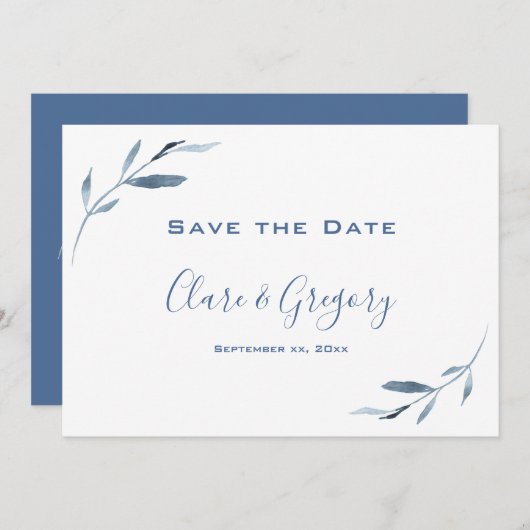 Blauw en wit Waterverf bruiloft Save The Date (Voorkant / Achterkant)