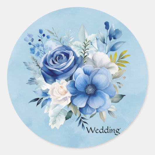 Blauw en Wit Waterverf Pioen Bloemen Bruiloft Ronde Sticker (Voorkant)
