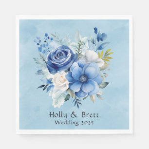 Blauw en Wit Waterverf Pioen Bloemen Bruiloft Servet