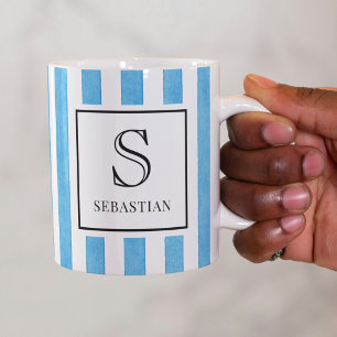 Blauw en Wit Waterverf Strepen Patroon Monogram Koffiemok