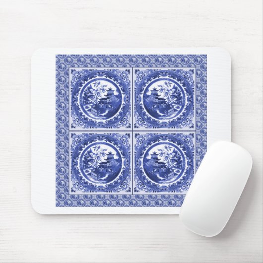 Blauw en wit, wilg patroonontwerp muismat (Met muis)