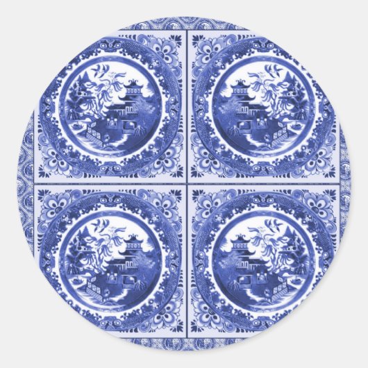 Blauw en wit, wilg patroonontwerp ronde sticker (Voorkant)