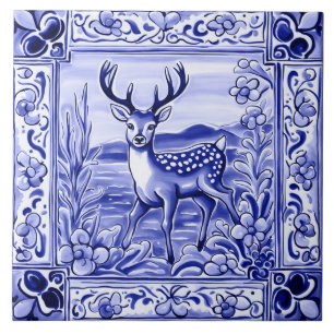 Blauw en wit Woodland Herten Folk Animal Art Tegeltje