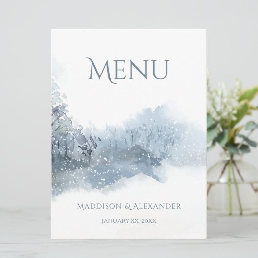 Blauw en wit zachte Waterverf bruiloft Menu (Staand voorkant)
