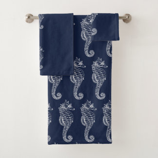 Blauw en wit zeepaardje bad handdoek