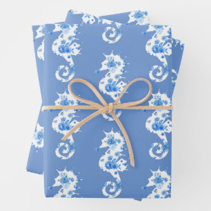Blauw en Wit Zeepaardje Wrapping Sheets Inpakpapier Vel