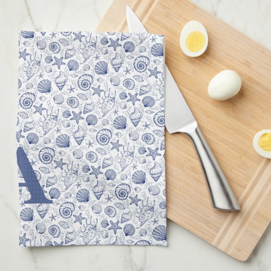 Blauw en Wit Zeeschelp Zeesterren Nautisch Monogra Theedoek (Quarter Fold)