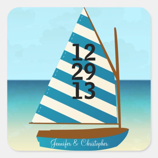 Blauw en Wit Zeilboot Bruiloft Save the Date Vierkante Sticker (Voorkant)