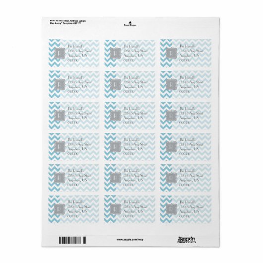 Blauw en wit Zigzag Monogram Etiket (Full Sheet)