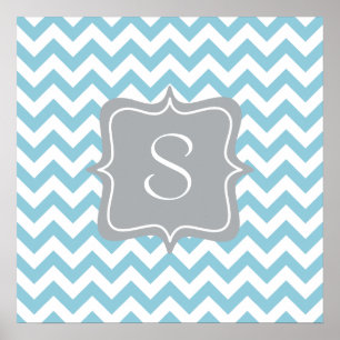 Blauw en wit Zigzag Monogram Poster