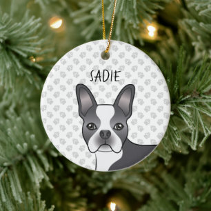 Blauw En Witte Boston Terrier Cartoon Hond & Naam Keramisch Ornament