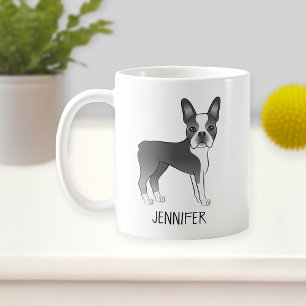 Blauw En Witte Boston Terrier Cartoon Hond & Naam Koffiemok