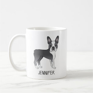 Blauw En Witte Boston Terrier Cartoon Hond & Naam Koffiemok