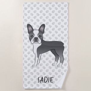 Blauw En Witte Boston Terrier Cartoon Hond & Naam Strandlaken