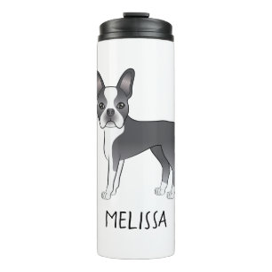 Blauw En Witte Boston Terrier Cartoon Hond & Naam Thermosbeker