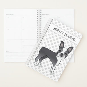Blauw En Witte Boston Terrier Cartoon Hond & Tekst Planner