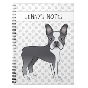 Blauw En Witte Boston Terrier Cartoonhond & Tekst Notitieboek