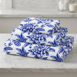 Blauw en Witte Dahlia Bloemen Toile de Jouy Bad Handdoek